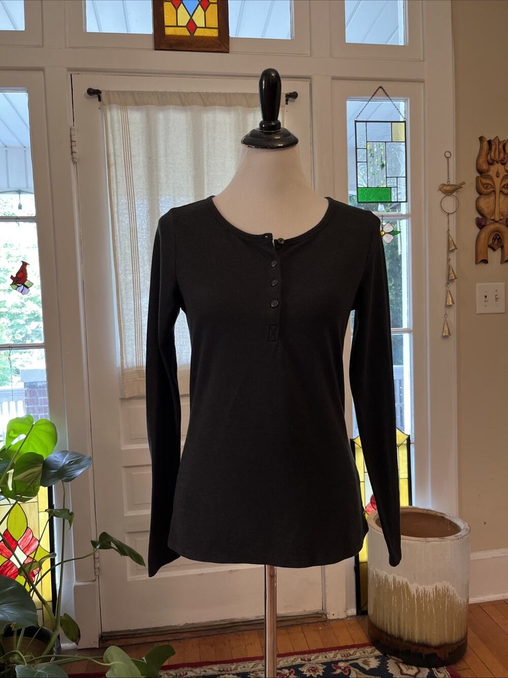 Toad & Co Piru Shirt Top Womens Size S Henley Long Sleeve Black Gray Button